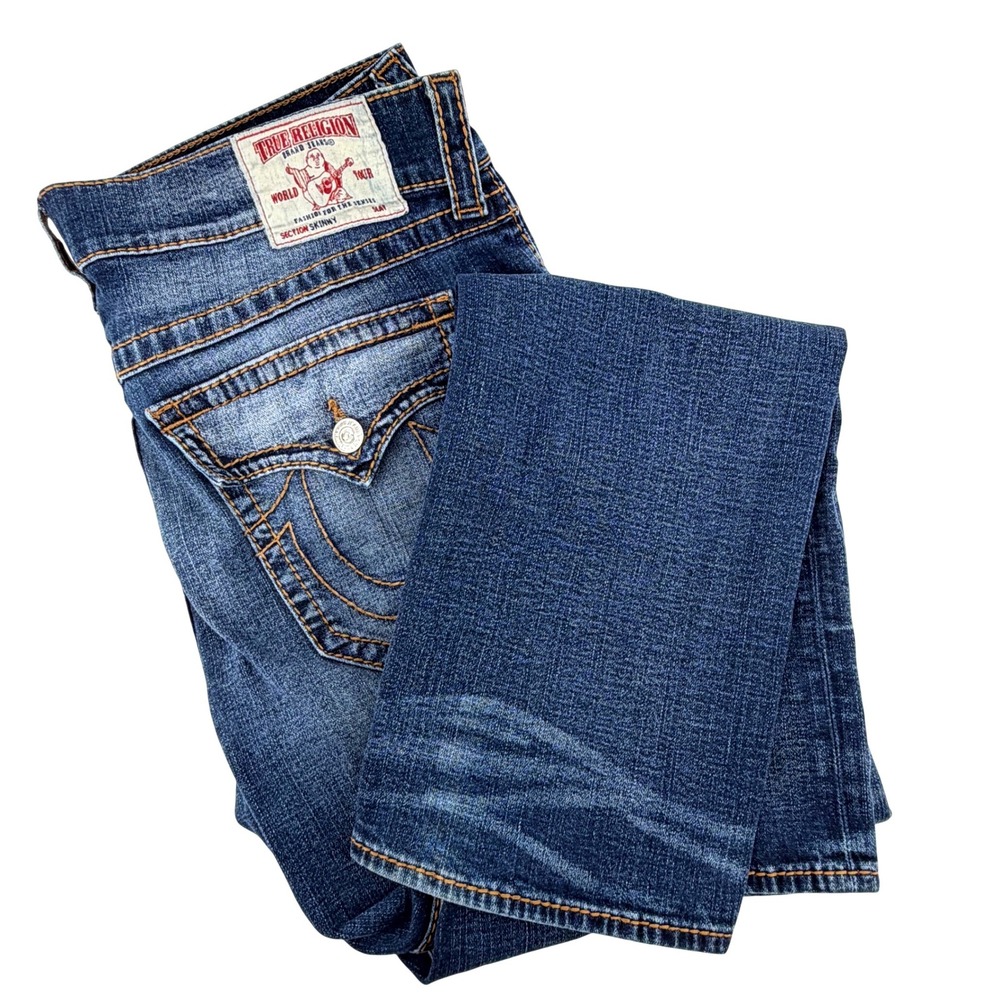 True Religion Skinny Flap Jeans Mens 40 Blue Dark Wash Excellent Horseshoe Flap